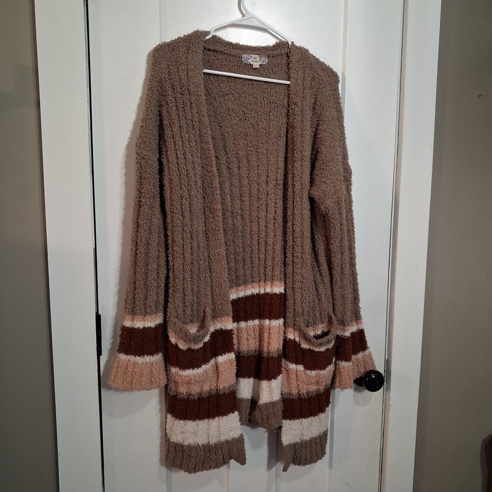 Pink Republic Cardigan Womens L Brown Striped Eyelash Knit Cozy Boho Lounge
